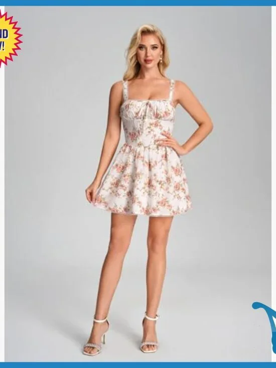 Summer Floral Mini Dress Corset Lace Up Square Neck A-Line Casual - Picture 3 of 7